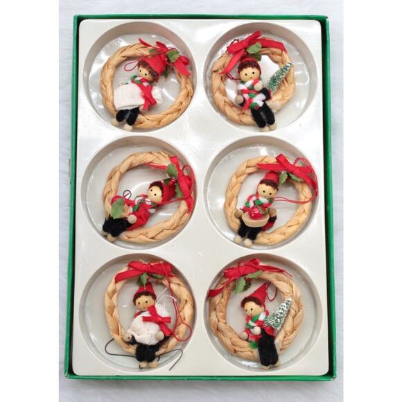 Vintage Elves in Raffia Wreaths Christmas Ornaments Set of 6 in Original Box - Picture 1 of 10